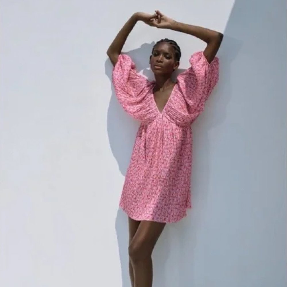 Zara Pink Floral Pleated Mini Dress - Size Small